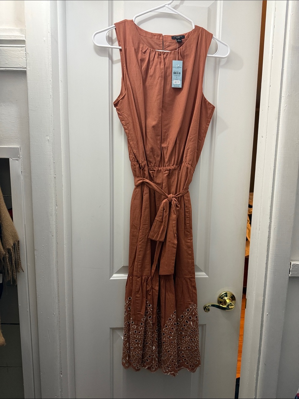 Ann Taylor Rust-Tone Sleeveless Tie-Waist Midi Dress with Eyelet Hem
